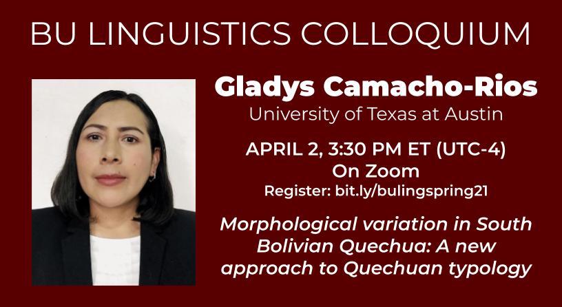 BULinguistics's tweet photo. Gladys Camacho-Rios (@chhullunka, https://t.co/2yAM0yUskc) joins us this Friday to talk about "Morphological variation in South Bolivian Quechua: A new approach to Quechuan typology"!

Abstract: https://t.co/oSdDtpOMev
Register: https://t.co/w5hI2P1ZDu

#Quechua #LanguageTypology https://t.co/uZX8ZAM2Jo