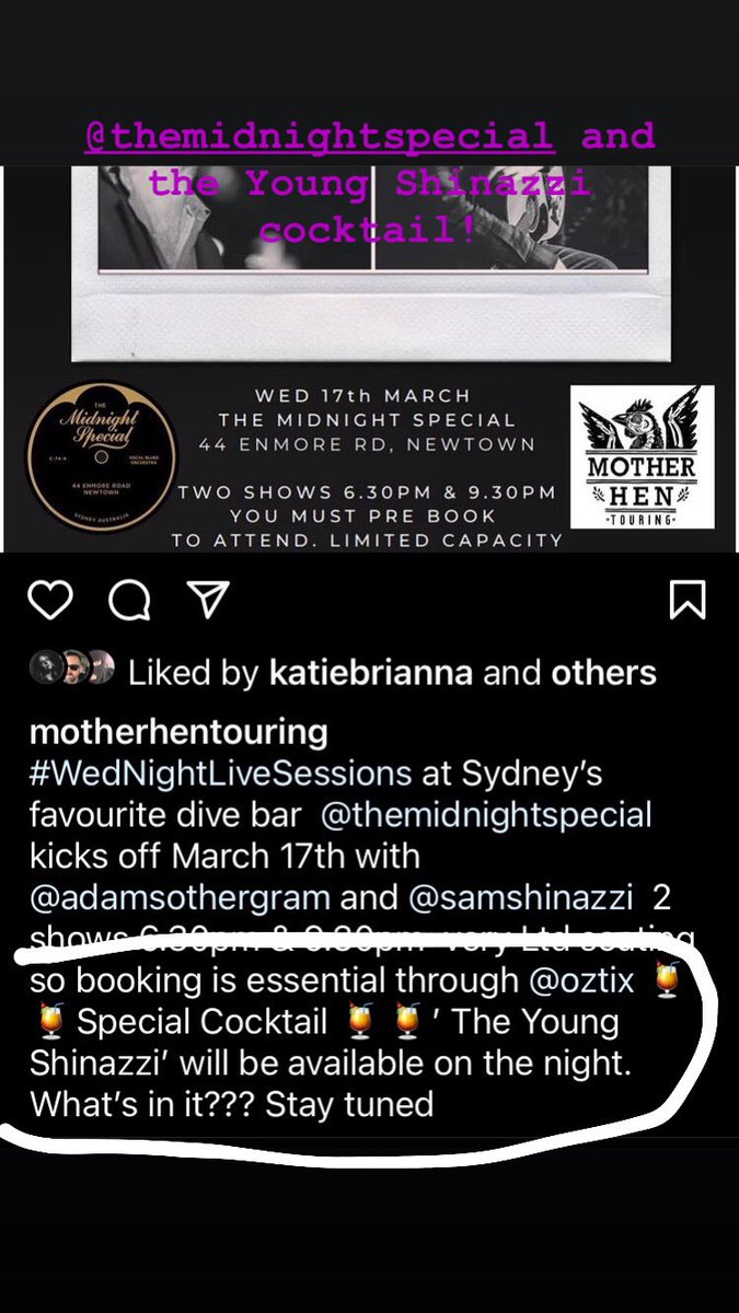 The Midnight Special is creating a cocktail in honour of @adammyoung and I - for our SYD shows in March - the word honoured doesn’t cover it! #music #whiskey #livemusic 

630pm
tickets.oztix.com.au/outlet/event/b…

930pm
tickets.oztix.com.au/outlet/event/2…