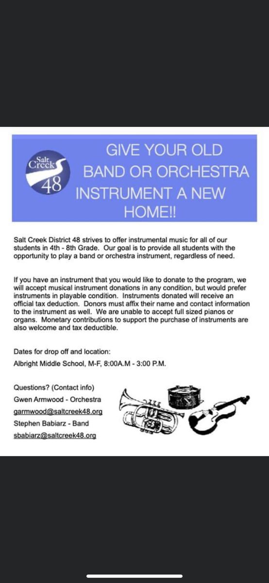 Looking to give unwanted instruments a new life in Salt Creek District 48! 😊🎶🎵🎶🎺🎻