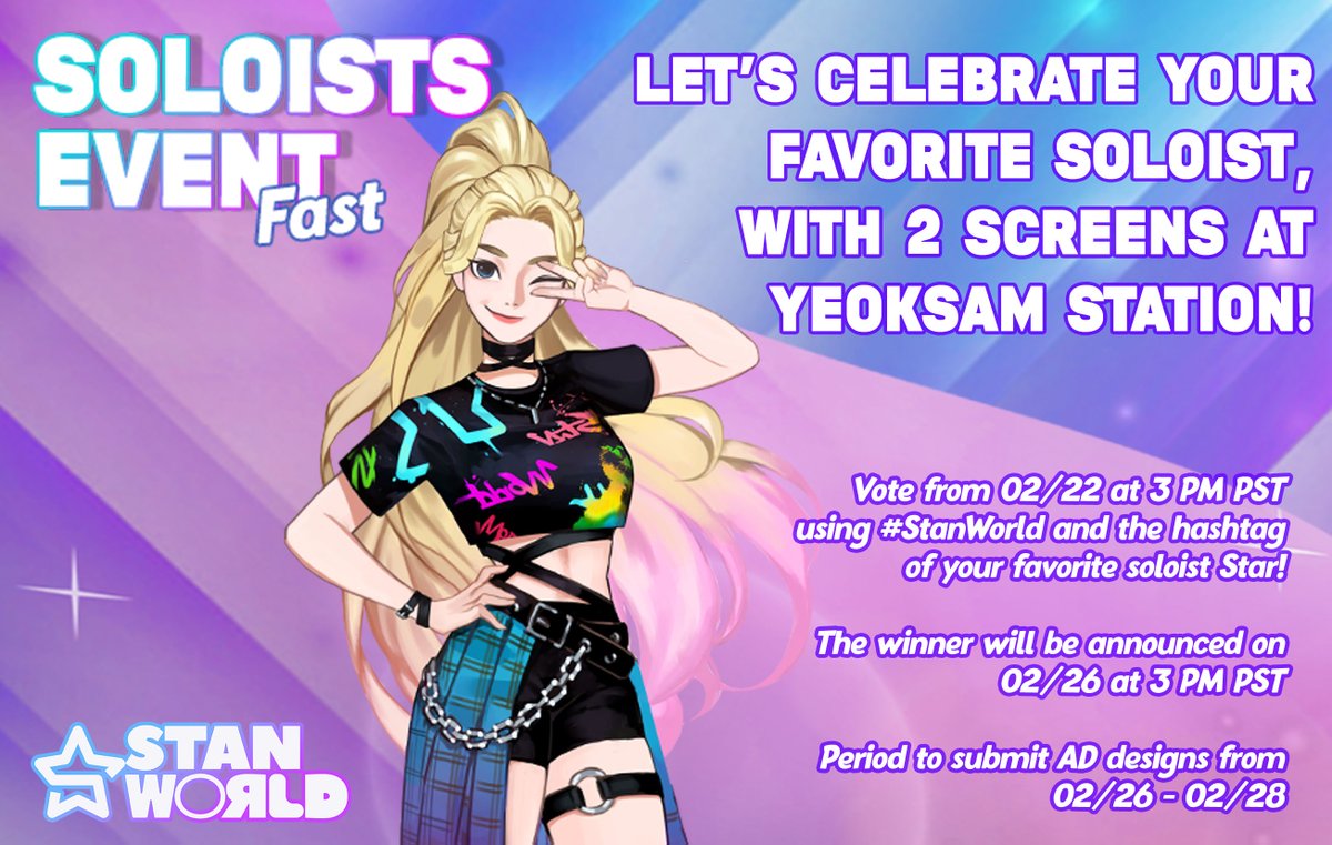 stanworld_twt's tweet photo. Finishing our 1st Subway Event made us feel so excited that we decided to host a new one, but this time, only for Soloists! This event will be fast, and the voting will last only 5 days! The winner will get 2 Screens AD on Yeoksam Station.

Event period: 02/22 - 02/26 https://t.co/IKtmG0HuSY