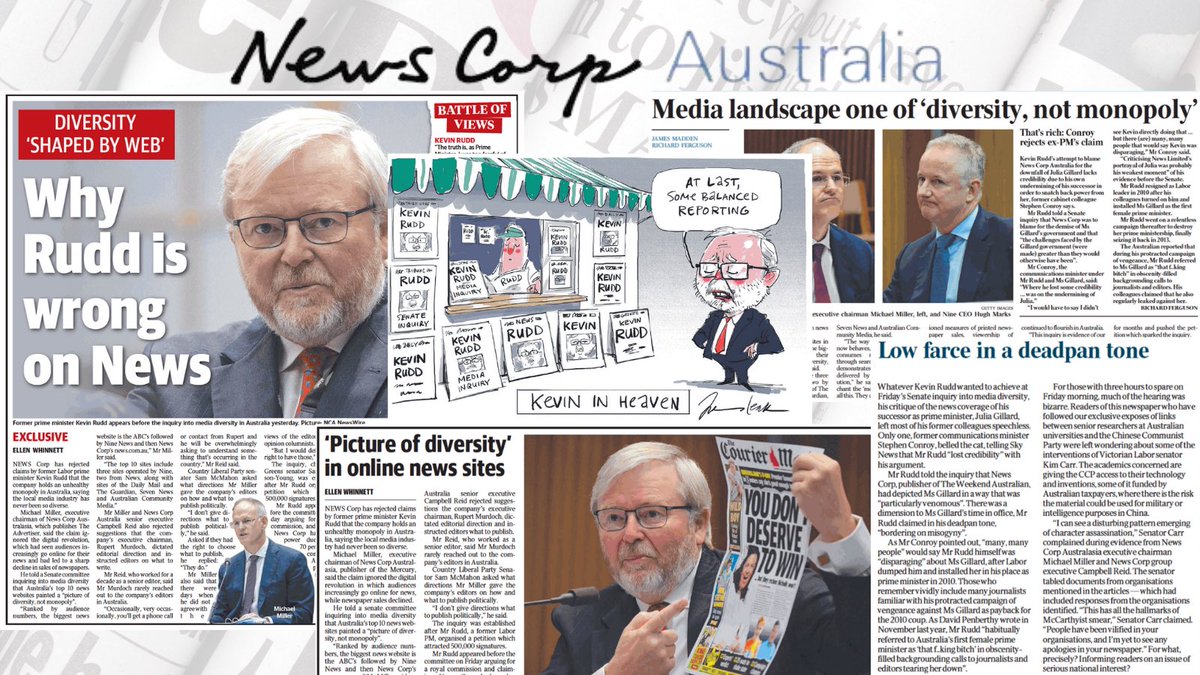 MrKRudd's tweet photo. Yesterday Murdoch bosses told the Senate they never engaged in character assassination. And today their papers are full of it. And Surprise surprise! Identical stories across nearly all their papers. No monopoly to see here.... #MurdochRoyalCommission https://t.co/SYwEsPjI7C