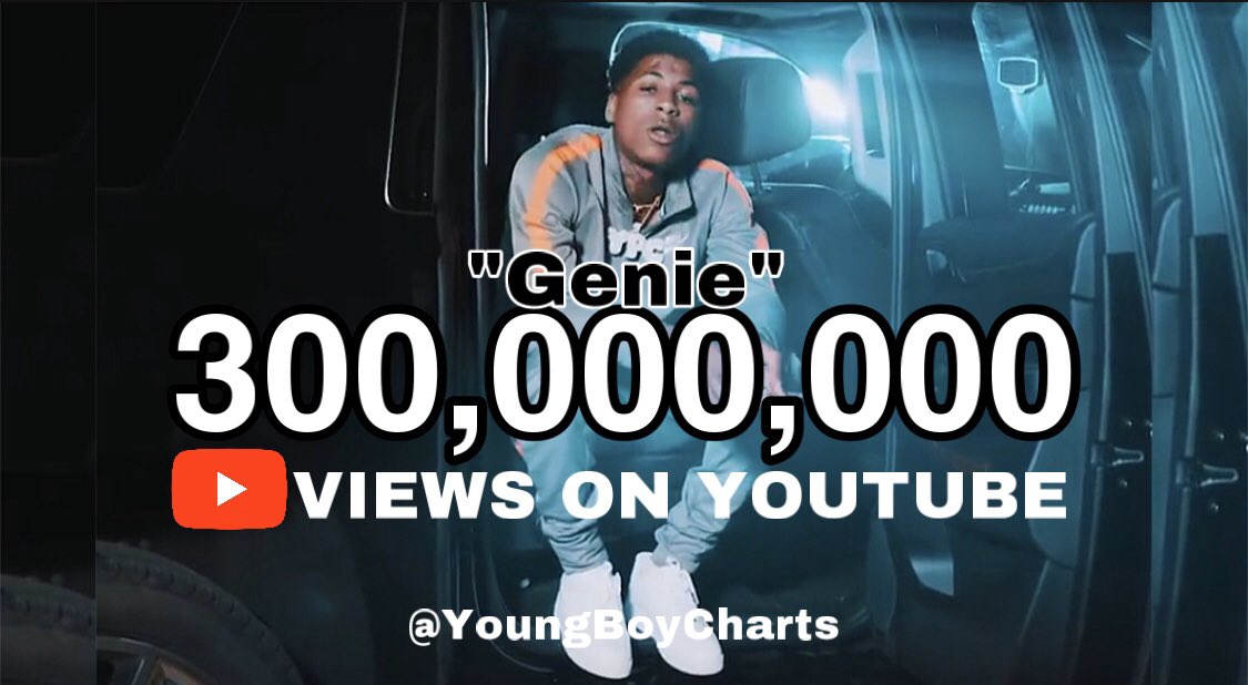 🌍”Genie” by YoungBoy Never Broke Again, has surpassed 300M views on YouTube! 

This is YoungBoy’s first ever music video to reach this milestone! 

Congratulations Kentrell 👏🏽
#NBAYOUNGBOY 💚