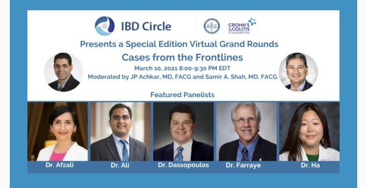 Register for this exciting VGR by <a href="/AmCollegeGastro/">ACG</a> and <a href="/CrohnsColitisFn/">Crohn's & Colitis Foundation</a> #IBDCircle 
Panelists: <a href="/IBD_Afzali/">Anita Afzali MD, MPH, MHCM, FACG, AGAF</a>, <a href="/tinahamd/">Christina Ha MD</a>
<a href="/FarrayeIBD/">Francis (Frank) Farraye, MD, MSc</a> #Dassopoulos
Moderators: <a href="/DrSamirAShah1/">@Dr. Samir A Shah</a> <a href="/JPAchkarMD/">Jean-Paul Achkar</a>
register.gotowebinar.com/register/14385…