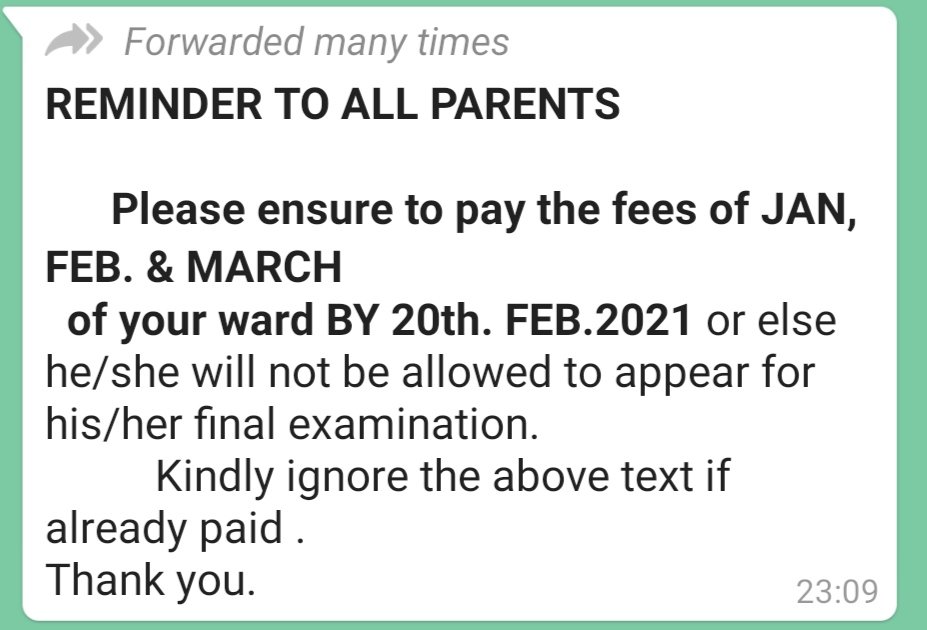 Is this correct way to pinch every parents every day for fee of child?This msg has to be come every day before and after taking online classes.
Why government not remarking this ? Where gone CORONA KAAL? And Government Promise for this?
