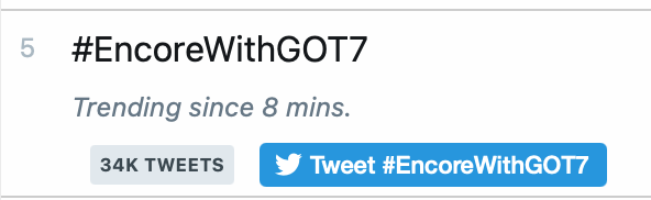 OT7Ahga's tweet photo. We're trending WORLDWIDE, besties!

#5 #ENCOREWITHGOT7 
#11 IT'S ENCORE TIME

#갓세븐_앙코르_우린우리대로간다 https://t.co/L9ZI87CCdl