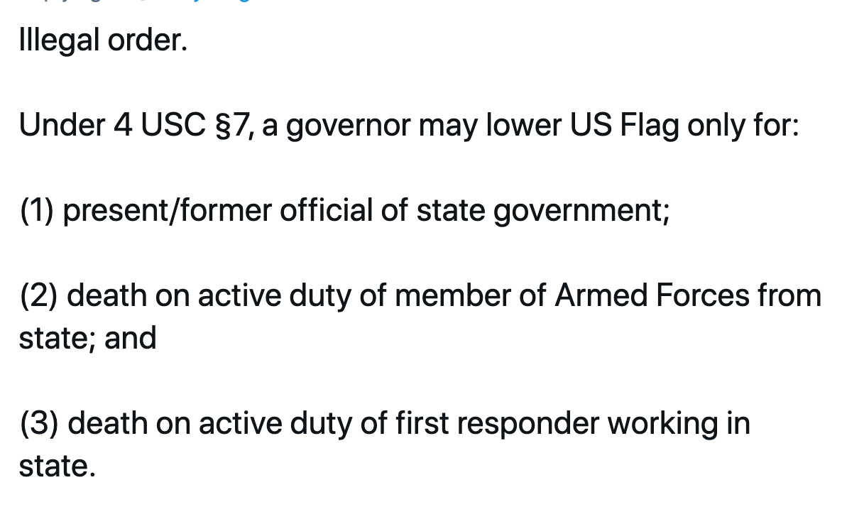 PLEASE RT.

@RonDeSantisFL 
#RemoveRon 

Lowering the flag to half mast for Limbaugh is not only illegal but it disrespects the United States Flag and the troops, first responders, and public servants for which the honor is reserved under the Flag Code.