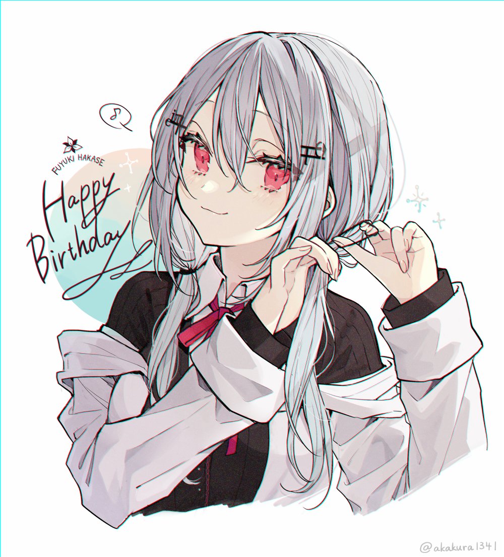 1girl solo happy birthday smile red eyes twintails jacket  illustration images