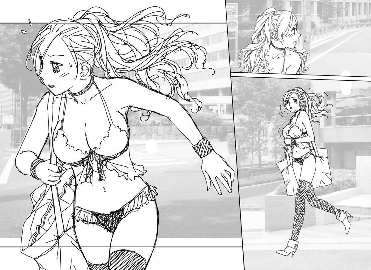 見開き単位で作業してた下描き…2。
台詞フキダシ擬音は非表示にしています。
トレース用の背景写真は場面に合わない場合変形修正と複数写真の合成をしています_φ(≧w≦;;) 