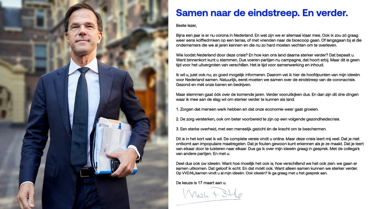 Mark Rutte schrijft een brief aan alle Nederlanders.

Samen naar de eindstreep. En verder.

Meer lezen? 👉 vvd.nl/samen