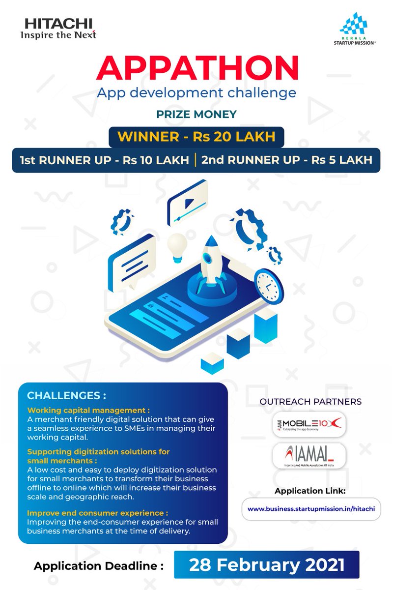 Hitachi India and KSUM joined hands together to conduct APPATHON - The app development challenge for the startups registered with DPIIT, India.
Participate and win lakhs business.startupmission.in/hitachi