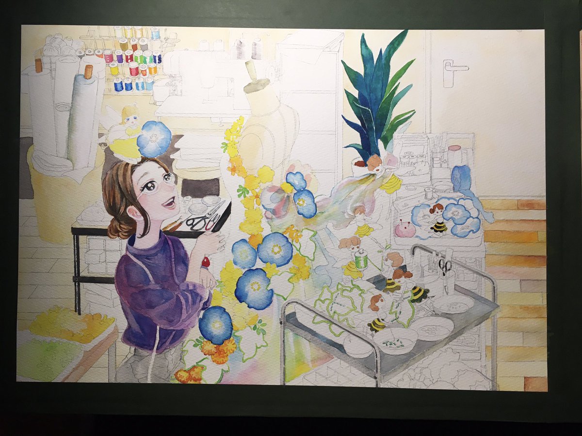 制作過程 画材 水彩絵の具 カラーインク ポスターカラー 下絵 下塗り あとはひ 脇田 妖おきゃ発売中のイラスト