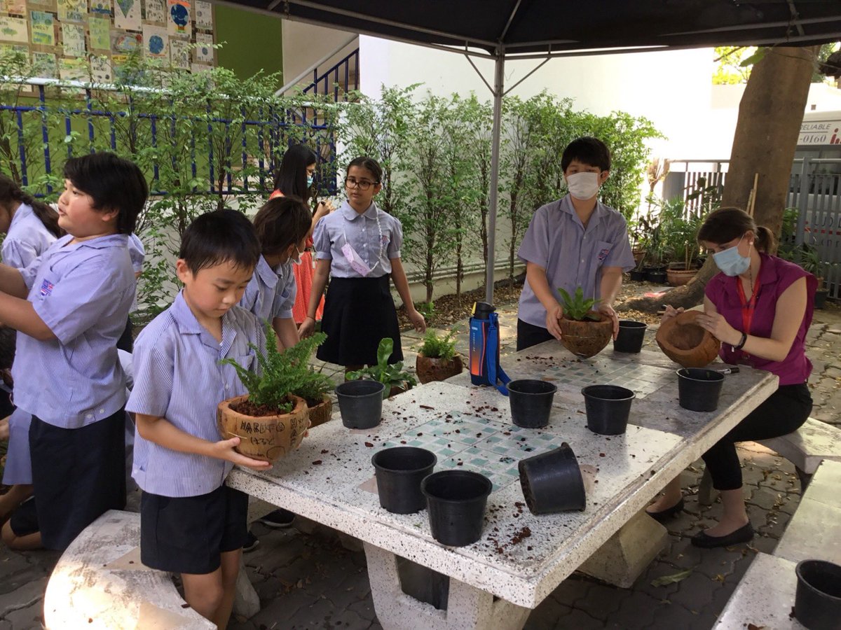 MissChloeMT's tweet photo. Year 5 have been planting our recycled coconut planters 🥥🪴🌱creating more clean air on our campus @MrMarkS107 #sustainability #ecoschool #upcycle #recycling #TeamS107 #CognitaWay https://t.co/xKKwcDwWXB
