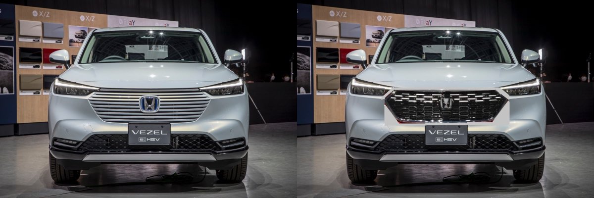 ぷうた 新型ヴェゼルにアーバンスタイルのメッキグリルを貼り付け並べてみました 左 標準の同色グリルは 結構大きく見えますね 上手く考えられてますね 右 メッキグリルは おしゃれで 絞まって見えますね 貼り付け方がヘタで申し訳