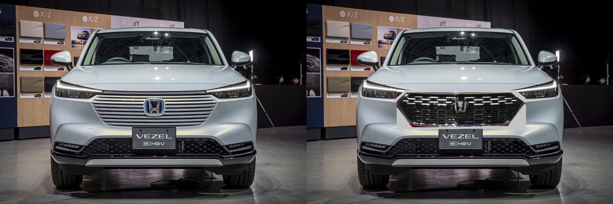 ぷうた 新型ヴェゼルにアーバンスタイルのメッキグリルを貼り付け並べてみました 左 標準の同色グリルは 結構大きく見えますね 上手く考えられてますね 右 メッキグリルは おしゃれで 絞まって見えますね 貼り付け方がヘタで申し訳