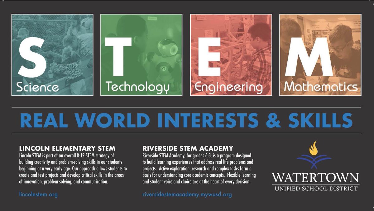 WatertownUSD's tweet photo. "I was taught that the way of progress was neither swift nor easy." - Marie Curie, 2 x Nobel Prize recipient 

Opportunities exist in for great STEM-based education at Lincoln Elementary STEM and Riverside STEM Academy. Fun. Challenging. Future Ready. #WatertownWay https://t.co/wLmfA6odTQ