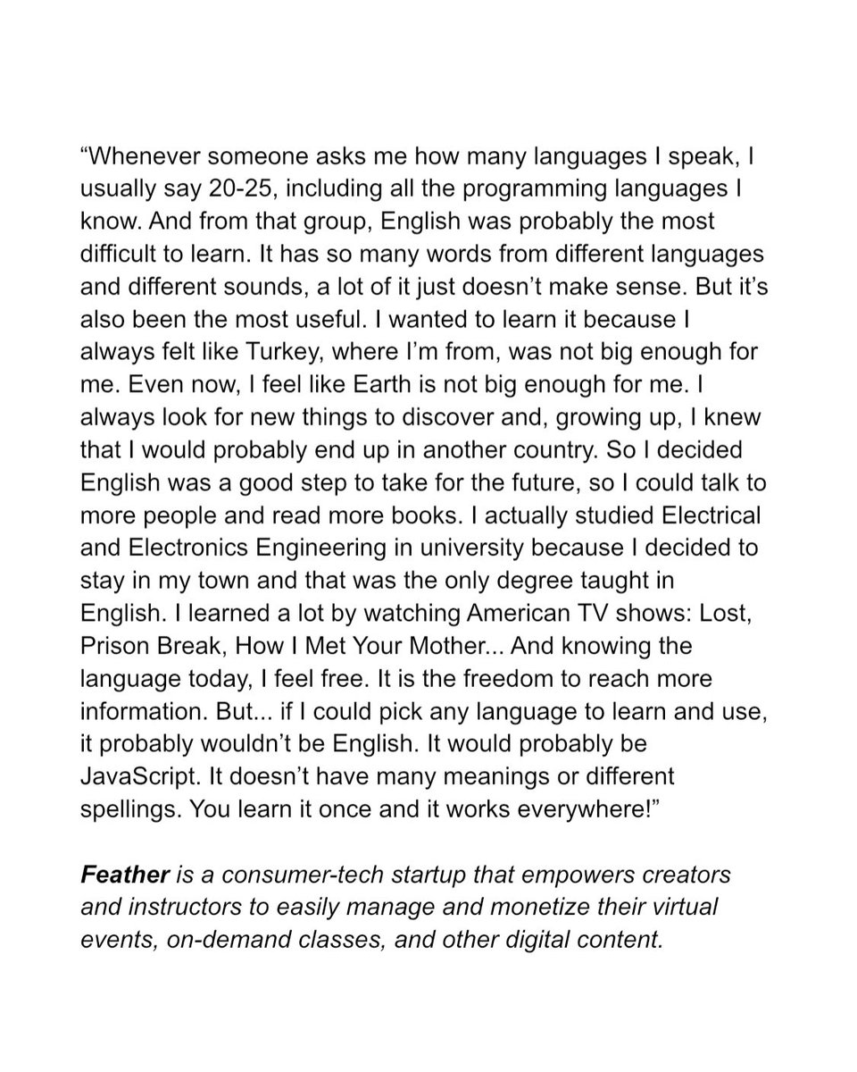 shirtsofstartup's tweet photo. “Whenever someone asks me how many languages I speak, I usually say 20-25, including all the programming languages I know. And from that group, English was probably the most difficult to learn...” 

#shirtsofstartups #Entrepreneurship #founders #startuplife https://t.co/rRbydpXMKz