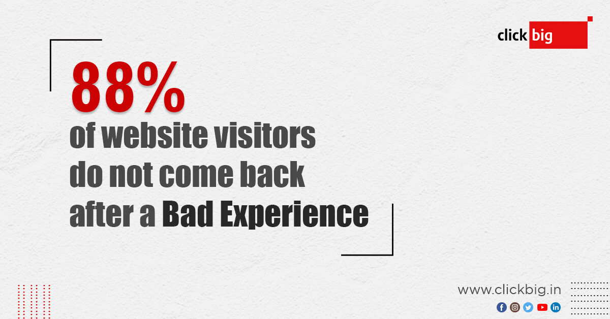 ClickBigAgency's tweet photo. "88% of website visitors do not come back after Bad Experience"
.
.
.
.
#business #marketing #work #digitalmarketing #digitalmarketingagency #website #explorepage #viral #funfacts #socialmediamarketing #socialmediastrategy #brandveda #instagram #india https://t.co/DcZTyhGQAF