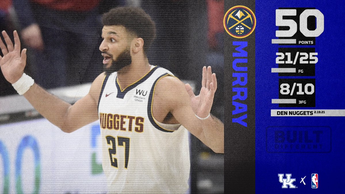 KentuckyMBB's tweet photo. Jamal Murray became the first player in @NBA history to score 50 points without attempting a free throw.

21 of 25 from the field, eight of 10 from 3. @BeMore27 is #BuiltDifferent 😼🏀 https://t.co/I3iJazrtaT