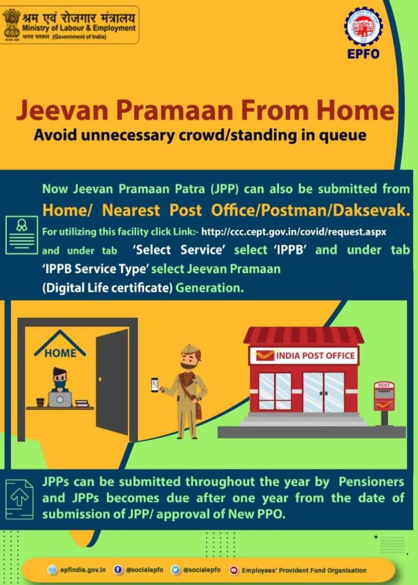officialepfo's tweet photo. Avoid unnecessary crowd/standing in queue.
Submit your Jeevan Pramaan from Home.

अनावश्यक भीड़/कतार में खड़े होने से बचें।
घर बैठे/पोस्ट ऑफिस से जीवन प्रमाण पत्र जमा करें।
#EPFO #SocialSecurity  #HumHainNa #Pension https://t.co/eBEeFDfXQY