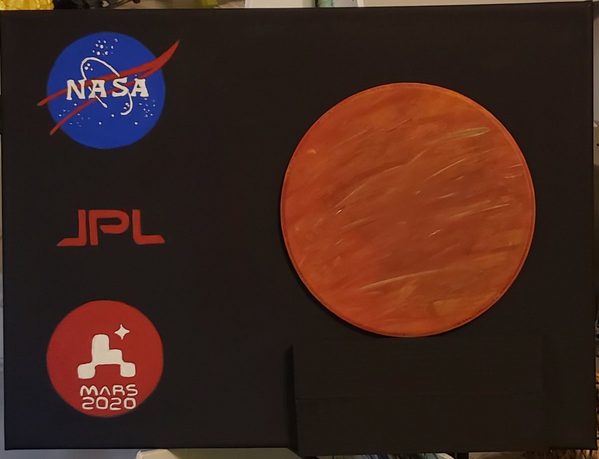 zBeanPod's tweet image. Work in progress.  Haven&apos;t attached Mars yet, so black blocks are holding it up there.  Might add the rover silhouette to Mars in black.  What to add before I splatter stars everywhere...🤔 #love2paint #PerserveranceRover