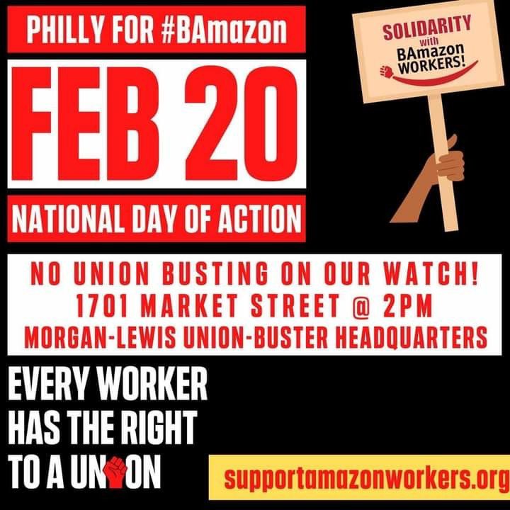 February 20th will be a national day of solidarity with <a href="/BAmazonUnion/">BAmazonUnion</a> workers and their fight to unionize in Bessemer, AL. Find your city here, grab a mask, and come out: supportamazonworkers.org/feb20/ Philly, I’ll see you at 17th &amp; Market at 2pm! ❤️