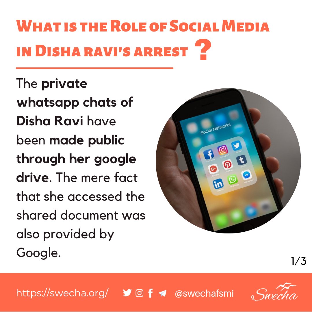 SwechaFSMI's tweet photo. What is the role of social media in #DishaRavi's arrest?

#ReleaseDishaRavi #ClimateActivist 
#supportfarmers 

[1-3]/3 https://t.co/abeJygAoxB