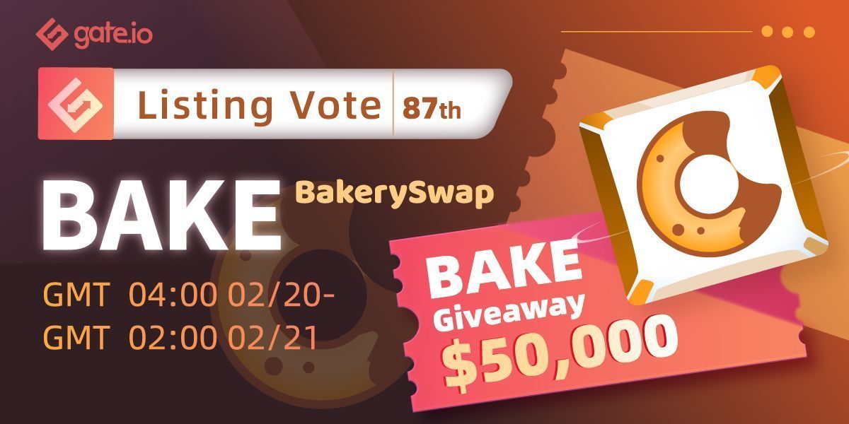 Gate's tweet photo. ⚡️Listing Vote #87 #BAKE @bakery_swap ⚡️
 
Vote for #BAKE to win a share of $40K USD 🤑

Period: 20 Feb —21 Feb

Vote: https://t.co/65SCq6MIiT

Top 600 deposit users to share $3K USD 
Top 100 users based on trading volume to share $5K USD

👉 Details: https://t.co/lWJ1H3QcTv https://t.co/7zzAubdlO0
