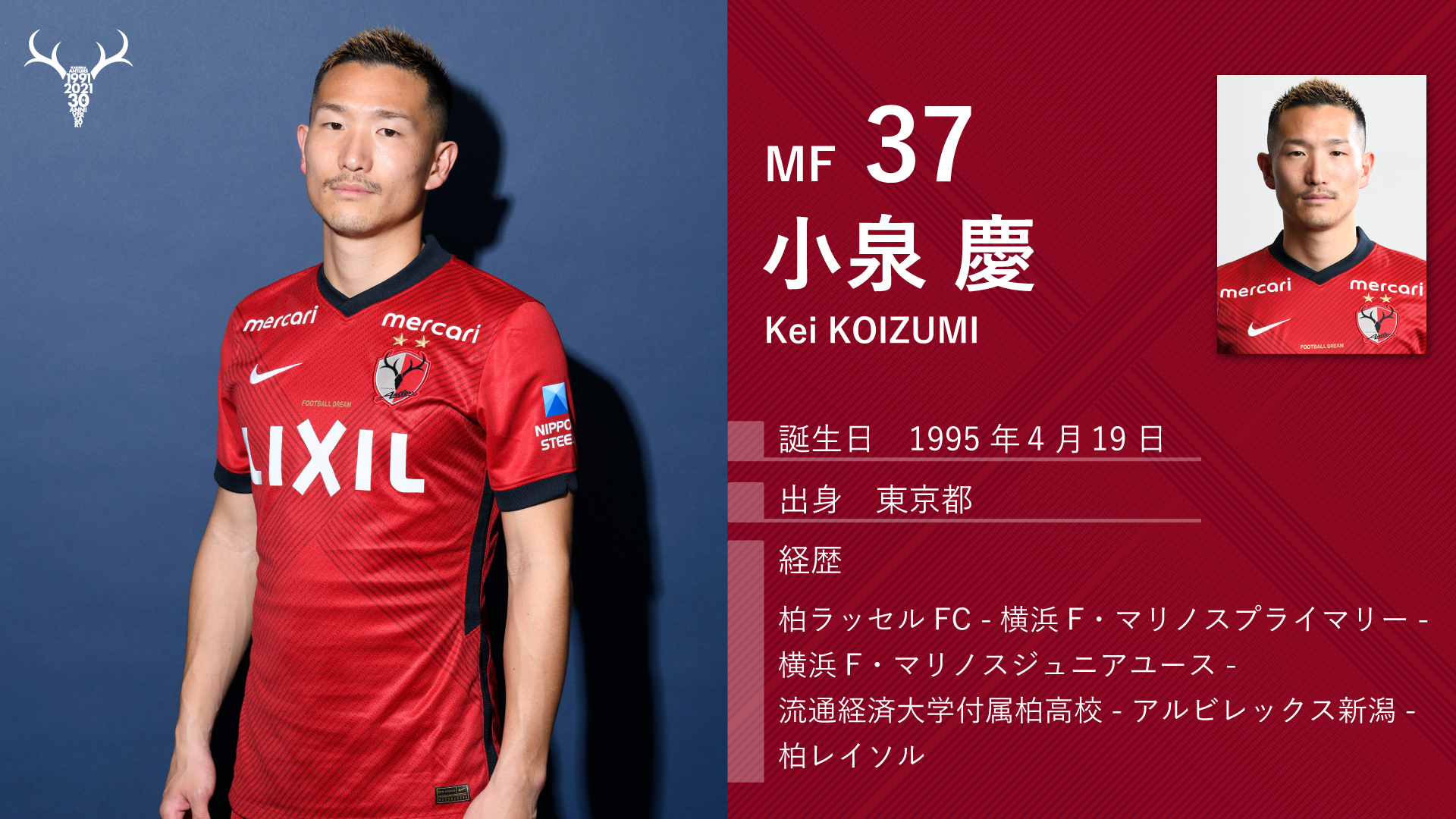 鹿島アントラーズ Jリーグ開幕 まで あと1週間 選手紹介 今日のトリを飾るのは Mf37の 小泉慶 右サイドバック ボランチとして闘志溢れるプレーに期待です Antlers Kashima 鹿島アントラーズ Jリーグ 21シーズンのレプリカユニフォームは