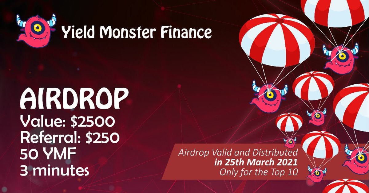 🚀 Airdrop: Yield Monster Finance
💰 Value: $ 250 (only top 10)
👥 Referral: Only top 10 referrs
💸 50 YMF
⏰ 2 minutes

Talk with the telegram bot: t.me/YieldMonsterFi…

📖 Step-by-step guide:
🔹️ Do some social tasks

#Airdrop #Crypto #Airdrops #cryptocurrency #giveaway