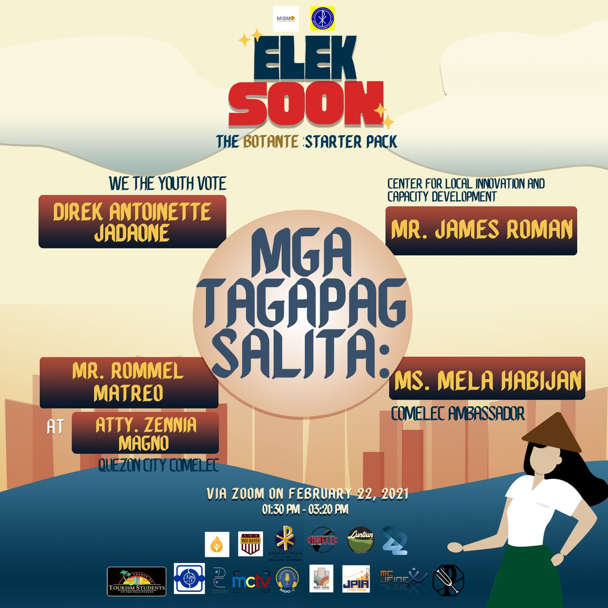 MCDCreatives's tweet photo. Konting pasilip kung sino ang ating mga tagapagsalita at ating mga partnered organizations na nananabik na rin para sa ating elekSOON! 

Magrehistro ka na para sa elekSOON upang maging parte ng responsable at 𝒄𝒐𝒐𝒍 na henerasyon:
https://t.co/71VQwbVKjQ https://t.co/v392G5cCxv