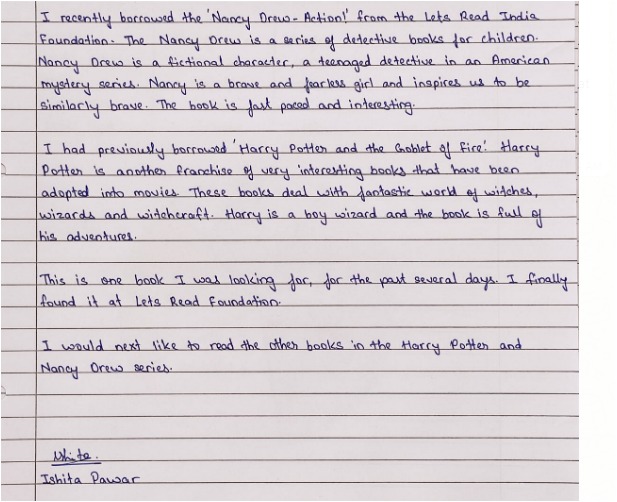LetsReadIndia's tweet photo. Ishita Pawar (11 years) happy reader of our #mobilelibrary project
#LetsReadIndia 📚#BookReview👇
I recently borrowed the 'Nancy Drew - Action!' from the Lets Read India Foundation. The Nancy Drew is a series of detective books for children. https://t.co/wzvl2688Z2