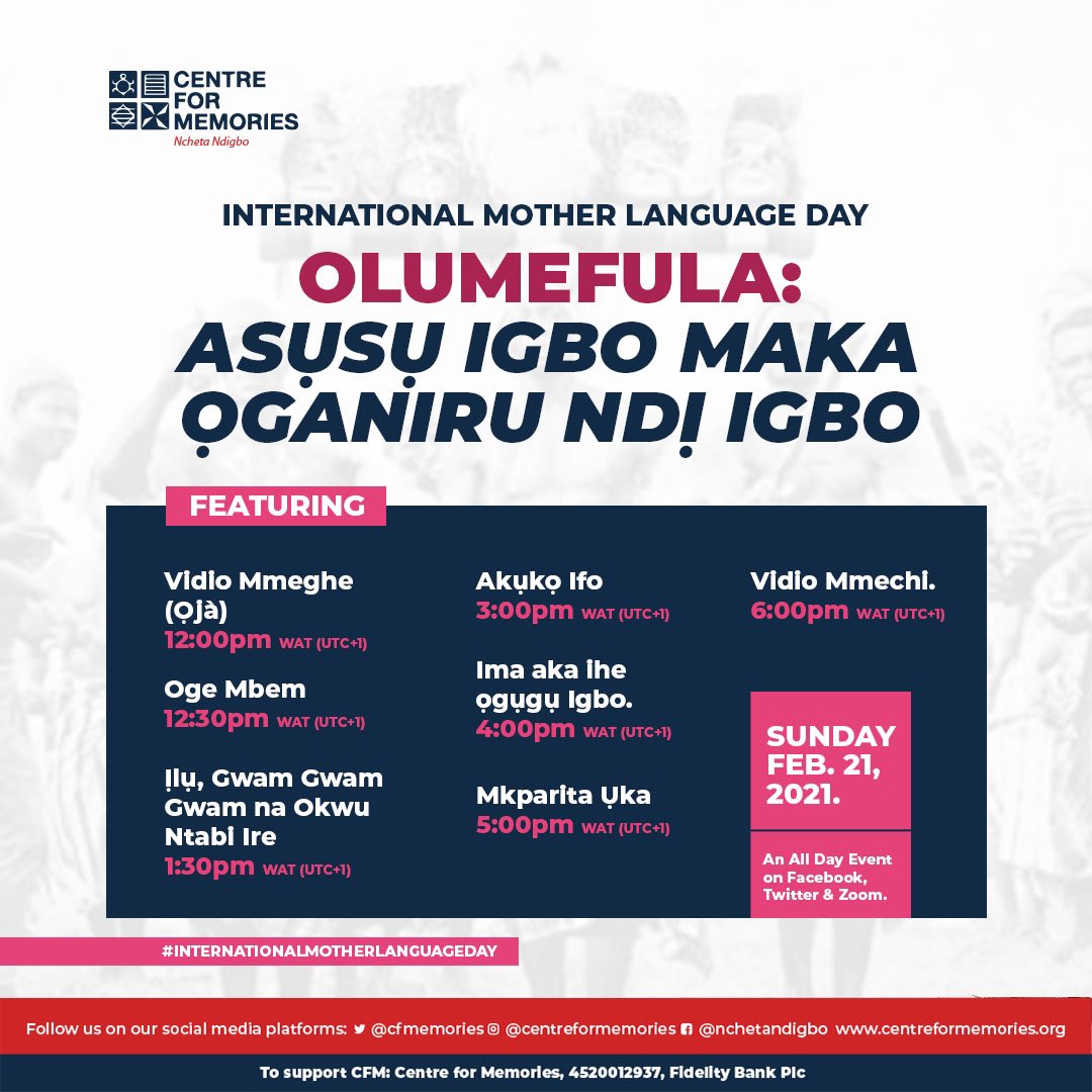 cfmemories's tweet photo. As part of sensitizing the public about the #InternationalMotherLanguageDay, the Centre For Memories will be on 94.5 FM Urban Radio Enugu at 8:00AM WAT (UTC +1) TODAY.

Kindly tune in to 94.5FM to listen in and ask relevant questions concerning the event.

#CentreForMemories https://t.co/tS89ySa7iu