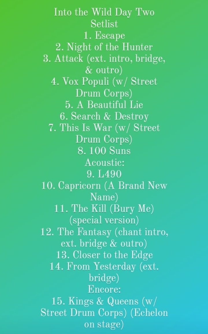 1998_echelon's tweet photo. Into the Wild tour Day Two (MEN Arena, Manchester, England) Setlist #IntotheWildTour #ITW @30SECONDSTOMARS #JaredLeto #ShannonLeto #TomoMilicevic #BraxtonOlita #TimKelleher https://t.co/3UmRY5ilsa