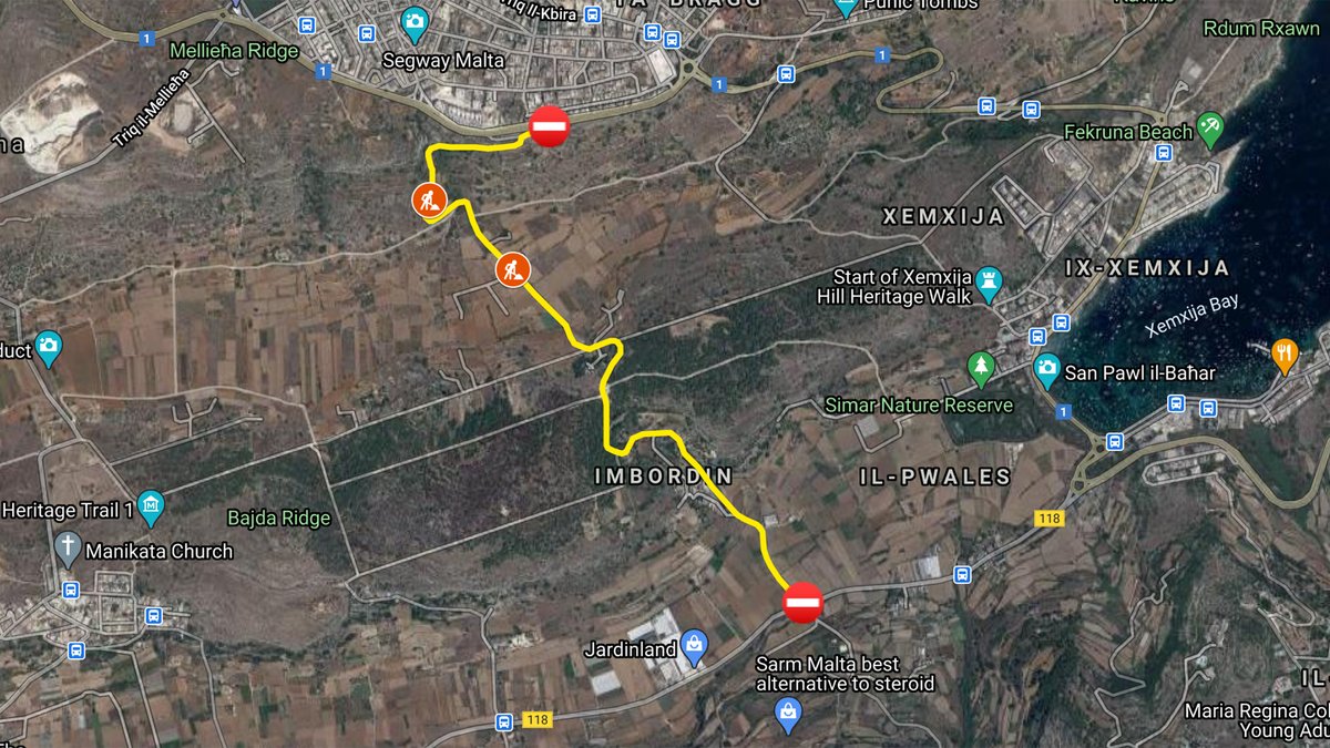 InfraMalta's tweet photo. 🚧On #Monday (22 Feb), #Mizieb Rd, #Mellieha ⛔️ closed for a week for surface maintenance & new crash barriers. 🏘️ Access to residents, farmers or to render other services in this rural road remains open. ⚠️ Alternative routes - #Selmun Hill/#Manikata.
🗺️ https://t.co/oHpqoLiNez https://t.co/xFVHgHslzk