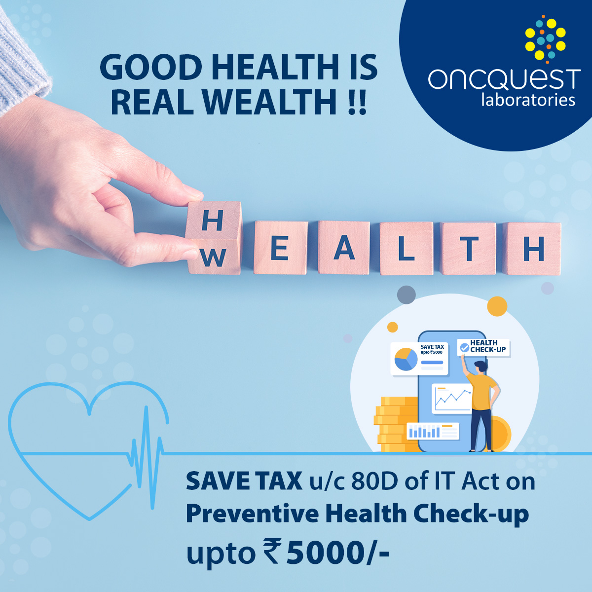 Oncquest1's tweet photo. Dual Benefit on Your Health &amp; Wealth!!
Avail Tax Benefits Under Section 80D of Income Tax Act on Preventive Health Check-ups Upto ₹5000 for Self, Spouse, Children, or Parents.
To Book A Test https://t.co/VenWR1RAPC https://t.co/CYm1J7E9qr
