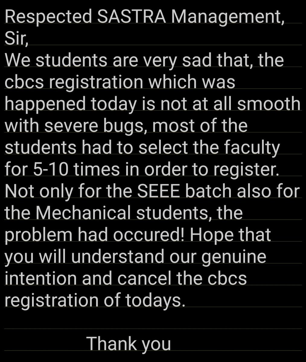 NitheshTalari's tweet photo. Please look onto this!  We had a severe server problem at the time of cbcs registration.
@SastraUniv @SVaidhyasubrama https://t.co/yijLoV75gF