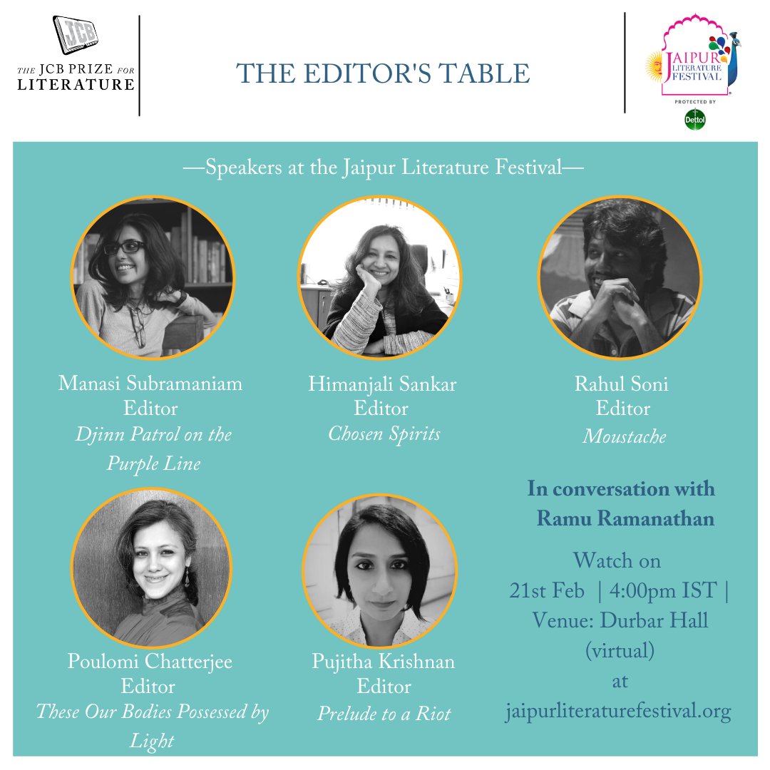 TheJCBPrize's tweet photo. Ready to hear from the very first champions of the #2020Shortlist ? @sorcerical , Himanjali Sankar, Poulomi Chatterjee, Rahul Soni and @PujKrishnan , in conversation with 2020 jury member, @BoodhuRamu . Tune in at 4pm IST tomorrow. @JaipurLitFest #EditorsTable https://t.co/k3Pk2Hex2Z