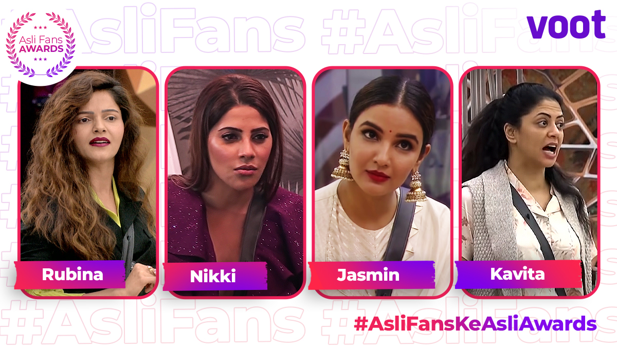 justvoot's tweet photo. The third category for #AsliFansKeAsliAwards is - Sherni of the BB House
Whose roar in the BB house was the loudest?

Nominees:
A. Rubina 
B. Nikki
C. Jasmin
D. Kavita

Click on the link to vote: 
https://t.co/KVKnjouM2O 
#BBFinaleOnVoot https://t.co/7aMBcYS299