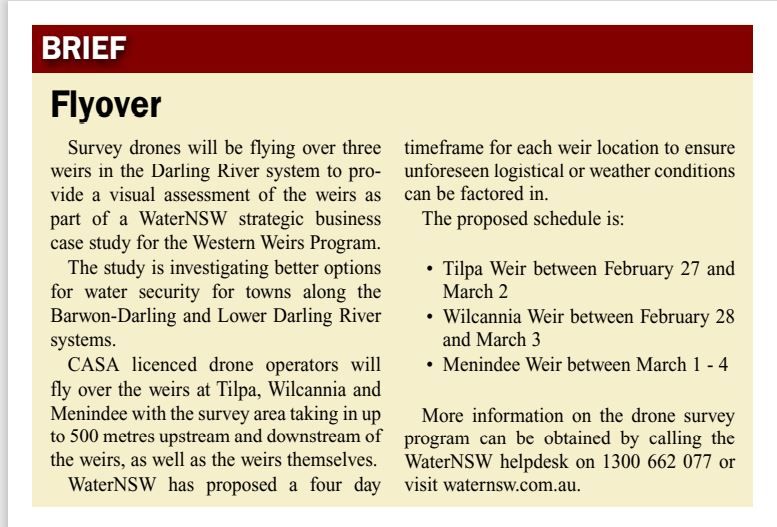 #SaveOurDarling #Baaka #SaveOurMLS #SaveMenindeeLakes #murraydarling
WaterNSW Drone Survey Darling-Baaka #weirs:  
#TilpaWeir 27/Feb - 2/Mar/21 
#WilcanniaWeir 28/Feb-3/Mar/21 
#MenindeeWeir 1-4/Mar/21
Spotted this WaterNSW notice p2 @BarrierTruth 20/2/21: buff.ly/3qGUGCI