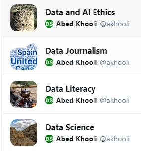 akhooli's tweet image. My Twitter feed is now organized in 4 lists: #data_literacy #data_science #datajournalism #data_ethics 
قمت بترتيب معظم من أتابعهم في أربع قوائم: #علم_البيانات #صحافة_البيانات #الإلمام_بالبيانات #أخلاقيات_البيانات
