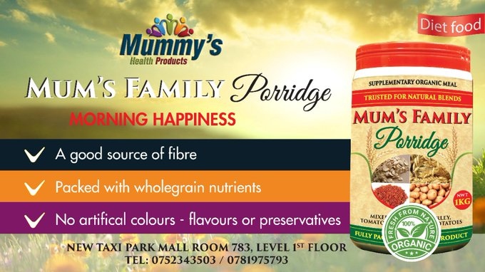 kiWycliffK's tweet photo. #MumsFamilyPorridge is Naturally packed with no additives. Its good for the whole Family right from Babies to the Elderly even those suffering from Diabetes. 

They are located at New Tax Park Mall Room 783 Level 1. You can DM @MumHerbal or call 0752343503 for more information. https://t.co/DxGXc6rqJf