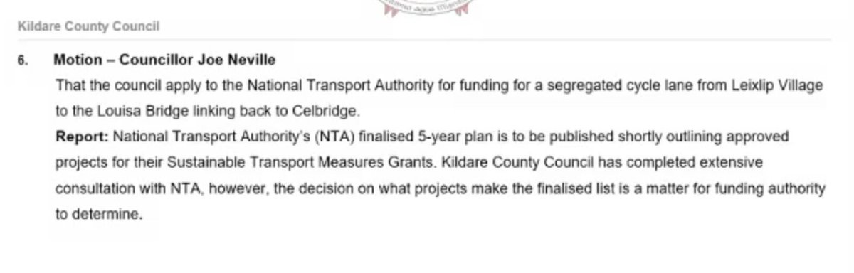 Cllr Joe Neville recently inquired about increased funding for cycling in Leixlip and Celbridge areas. <a href="/joeneville2010/">Joe Neville TD🇮🇪🏳️</a> <a href="/TFIupdates/">Transport for Ireland</a> <a href="/intokildare/">Into Kildare</a> <a href="/KildareNow/">Kildare Now</a> <a href="/listonv/">Cllr. Vanessa Liston</a> <a href="/billclear45/">Councillor Bill Clear</a> <a href="/NaasGreenways/">Naas Greenways</a> <a href="/CelbridgeCC/">Celbridge CC</a> <a href="/TownLeixlip/">Town Leixlip</a>