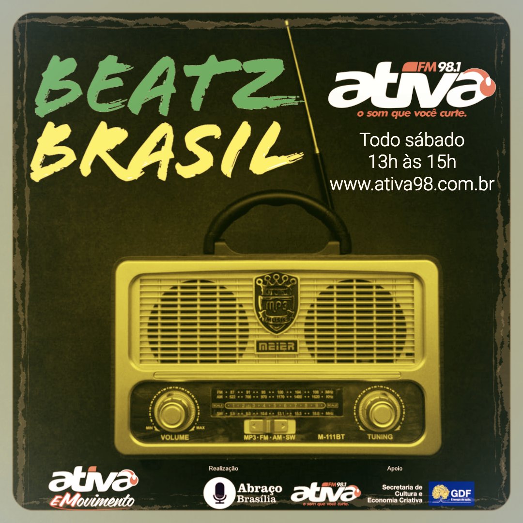 beatzbrasil98's tweet photo. #Sabadou e já já, às 13h, na rádio Ativa FM 98,1 MHz, tem BEATZ BRASIL! Brasilidade e diversidade em sintonia. Apresentação: Sandrox.
⠀
ACESSE O SITE DA ATIVA
🖥📲 https://t.co/Aju3ZG5ub9
⠀
UM ÓTIMO FIM DE SEMANA!

#mpb #musica #musicabrasileira #music https://t.co/YAVUEA4NUJ