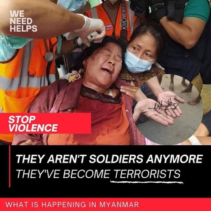Happening Now❗️❗️❗️
Mandalay is in emergency situation. 
Military used excessive force, rubber bullets,real bullets and slingshots to disperse the protesters. Military also planted nails to hurt fleeing protesters and attacked and arrested them when they caught on.
#Feb20Coup