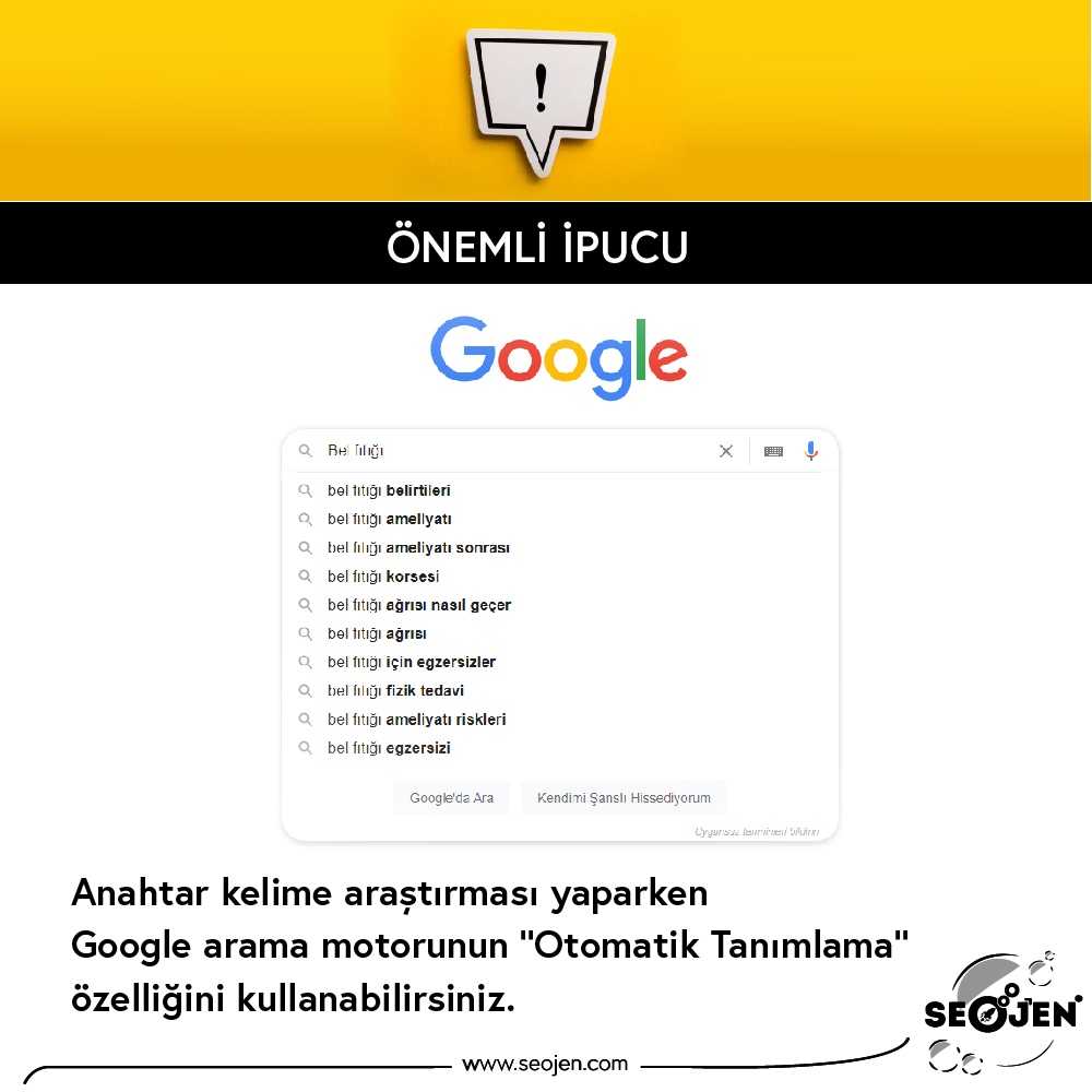 Önemli İpucu!

Anahtar kelime araştırması yaparken Google arama motorunun " Otomatik Tanımlama " özelliğini kullanabilirsiniz.

#seo #seojen #backlink #dijitalpazarlama #aramamotoruoptimizasyonu #searchengineoptimization