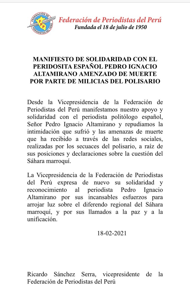 altamiranoMLG's tweet photo. Muchas gracias a la Federación de Periodistas del Perú por su solidaridad. Juntos podremos terminar con el terrorismo del Polisario y con cualquier tipo de terrorismo. ¡Viva La Paz! 
@FPP_Noticias https://t.co/XEoYeNLOWI