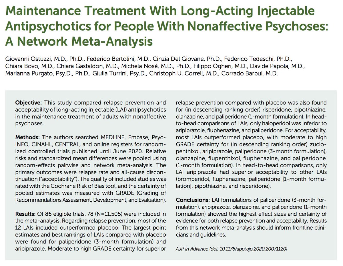 Epidemiology and Psychiatry Verona (@psych_verona) on Twitter photo Our network meta-analysis on long-acting antipsychotics in people is out now on <a href="/APAPubJournals/">Journals of The American Psychiatric Association</a>! Hope this could be helpful for clinicians and policymakers to tailor the maintenance treatment of people with chronic psychosis!
#Schizophrenia #antipsychotics Our network meta-analysis on long-acting antipsychotics in people is out now on <a href="/APAPubJournals/">Journals of The American Psychiatric Association</a>! Hope this could be helpful for clinicians and policymakers to tailor the maintenance treatment of people with chronic psychosis!
#Schizophrenia #antipsychotics