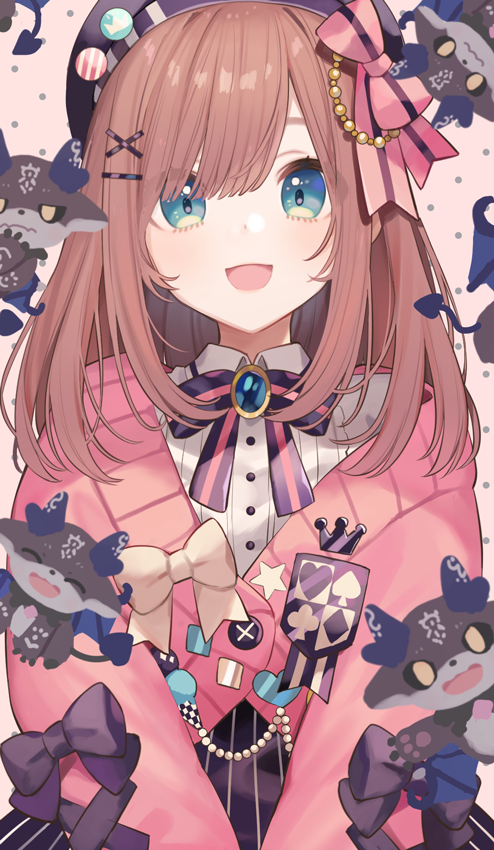 suzuhara lulu 1girl brown hair bow hair ornament pink cardigan smile hat  illustration images