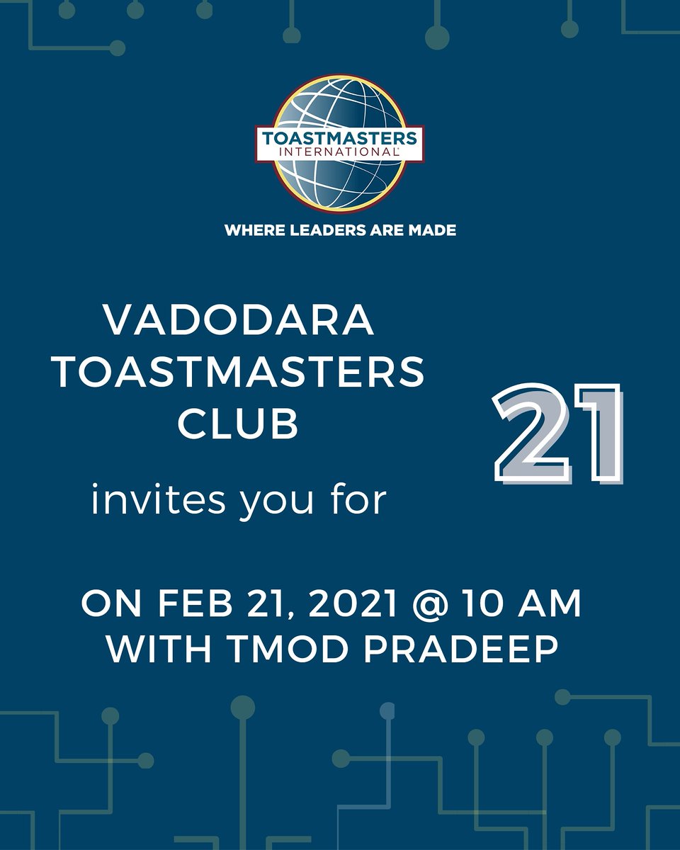 Toastmaster_vtm's tweet photo. 21

What is it that TM Pradeep is gonna talk on 21 February, 21??

Ladies &amp; Gentleman, please book your time on this Sunday morning to hear from our TMOD Pradeep for 🤔21

See you at @ 10 am!!

Meeting Link: 
https://t.co/MjxGHUauLE

Meeting ID: 845 1559 1713
Passcode: VTM@179 https://t.co/EVxDEnynqd