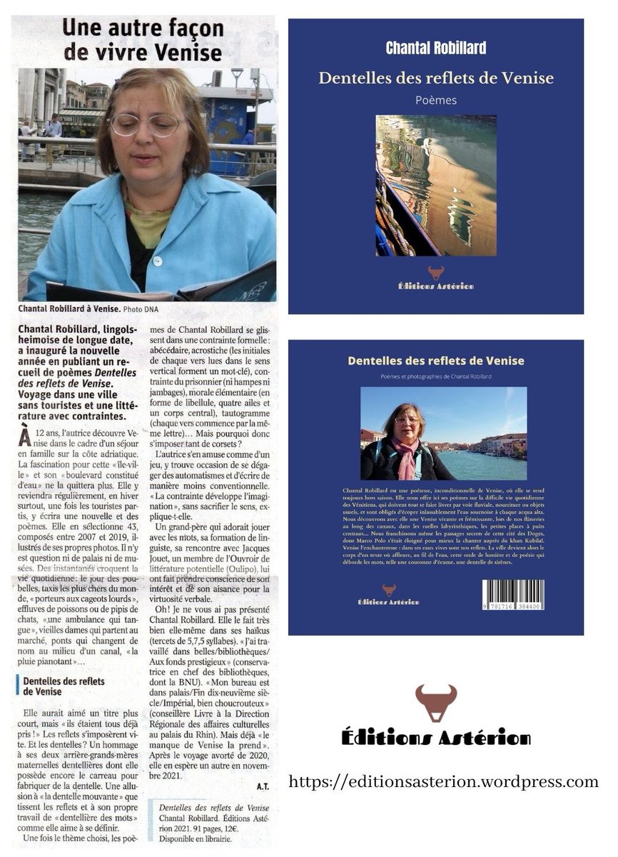 Ed_Asterion's tweet image. Merci beaucoup à Annick Tischler et aux @dnatweets pour ce bel article sur le dernier recueil de poèmes de Chantal #Robillard : Dentelles des reflets de Venise (Éditions Astérion).